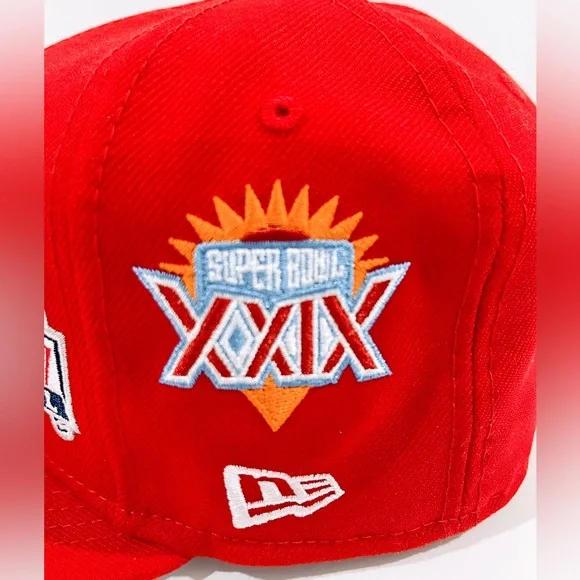 SF 49ERS RED Fitted Hat with Super Bowl Patches. Unisex - Picture 11 of 12